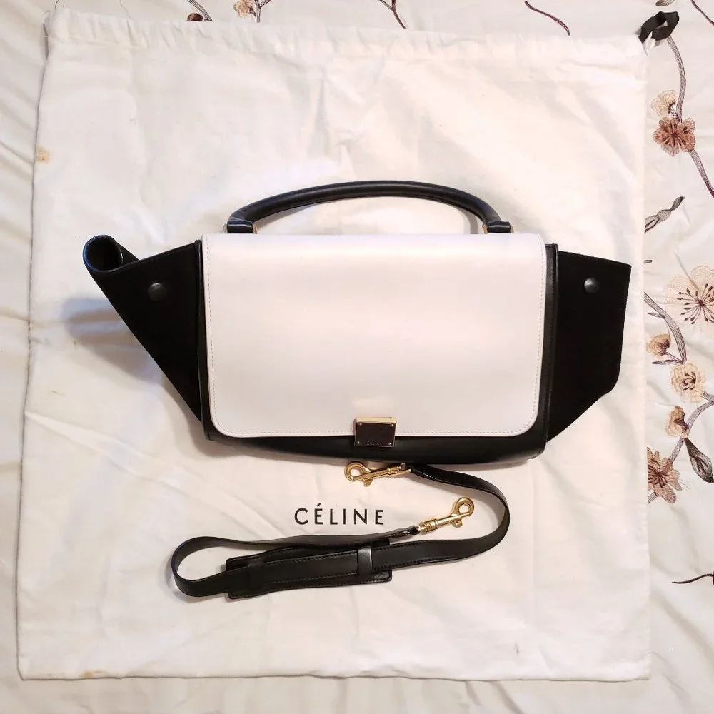 CELINE Trapeze MEDIUM Satchel Shoulder Handbag Black & White Calfskin - Picture 6 of 6